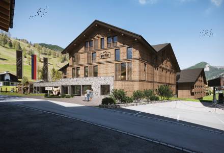 Grafik Außenansicht Neubau Familienhotel Gorfion Liechtenstein Sommer