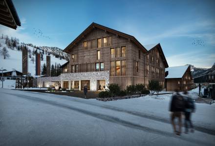 Grafik Neubau Außenansicht Familienhotel Gorfion Liechtenstein Winter