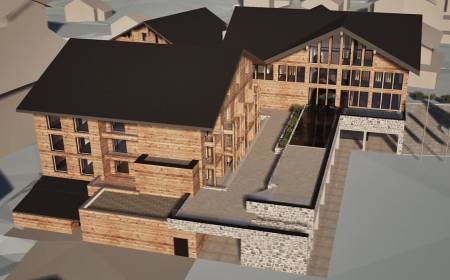 Visualisierung Neubau mit Außenpool des Familienhotel Gorfion Liechtenstein