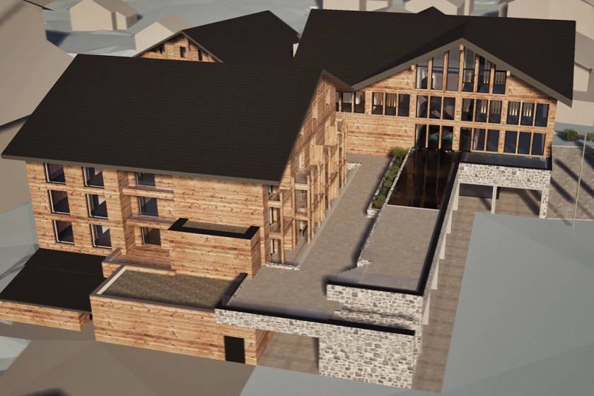 Visualisierung Neubau mit AuĂźenpool des Familienhotel Gorfion Liechtenstein